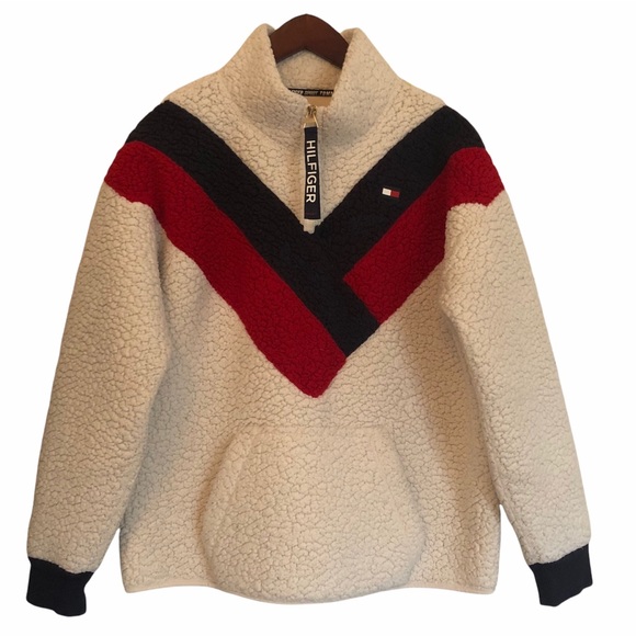 Tommy Hilfiger Sweaters - Tommy Hilfiger Fleece Quarter Zip Red Blue Long Sleeve Pullover Sweater Size L